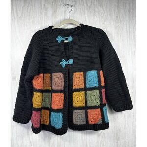 Vintage Handmade Crochet Granny Square Cardigan Medium Boho Colorblock Sweater